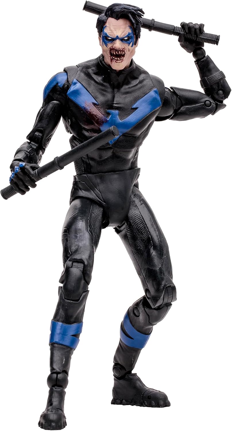 Nightwing vampiro en pose de ataque, con un bastón al hombro y otro al frente