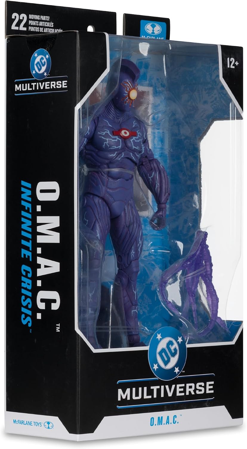 Costado de la caja de O.M.A.C. con el rótulo Infinite Crisis