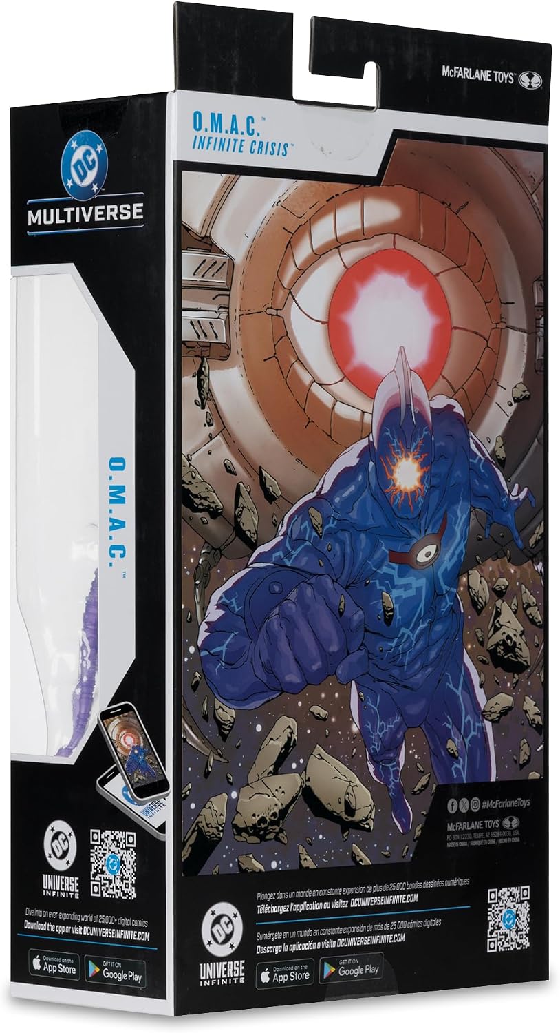 Reverso de la caja de O.M.A.C. con el arte del personaje