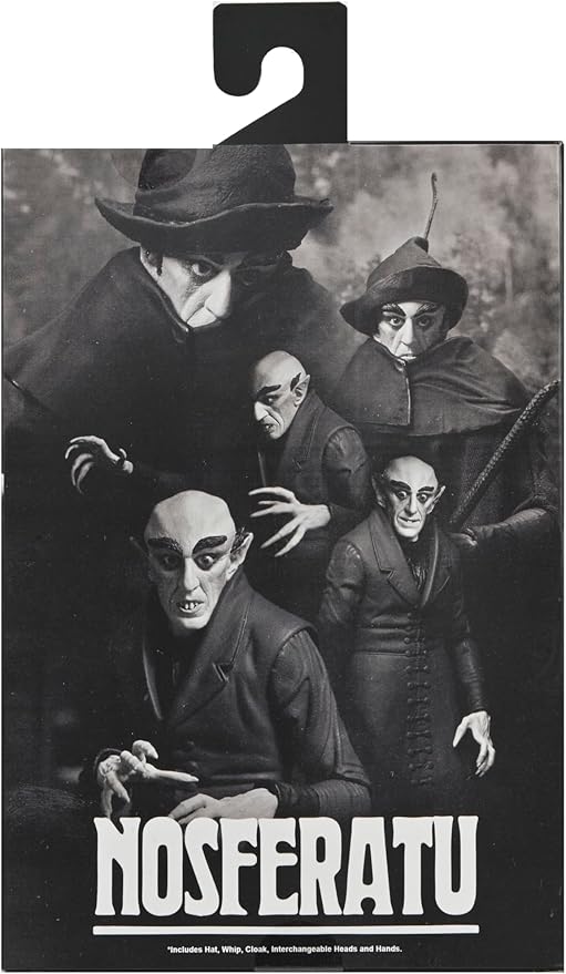 Reverso de la caja del Conde Orlok NECA con imágenes del producto en distintas poses