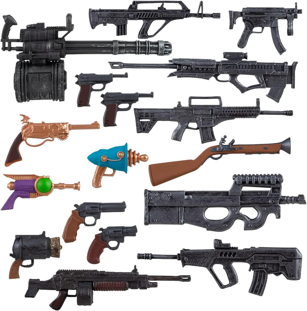 Los accesorios del Deluxe Accessory Pack #2 desplegados: ametralladora con tambor, rifles de asalto, escopetas, pistolas, revólveres y tres armas de ciencia ficción en colores