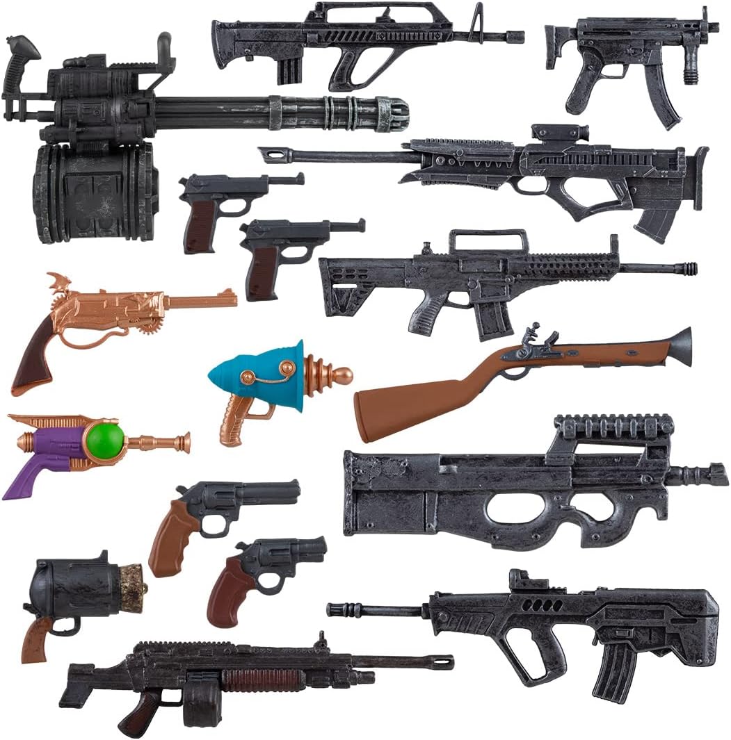 Los accesorios del Deluxe Accessory Pack #2 desplegados: ametralladora con tambor, rifles de asalto, escopetas, pistolas, revólveres y tres armas de ciencia ficción en colores