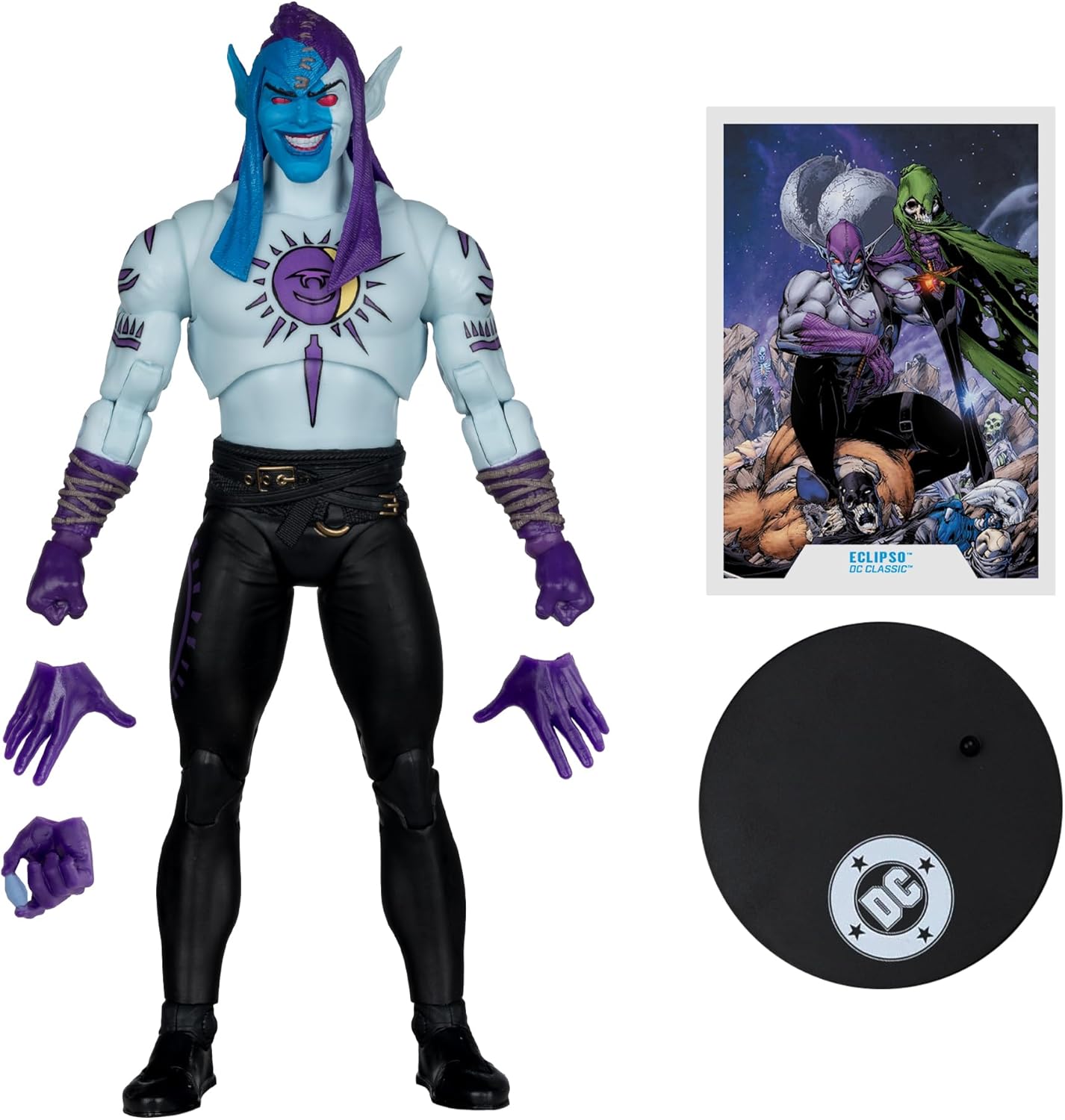 Eclipso con sus manos intercambiables moradas, tarjeta de arte y base circular DC
