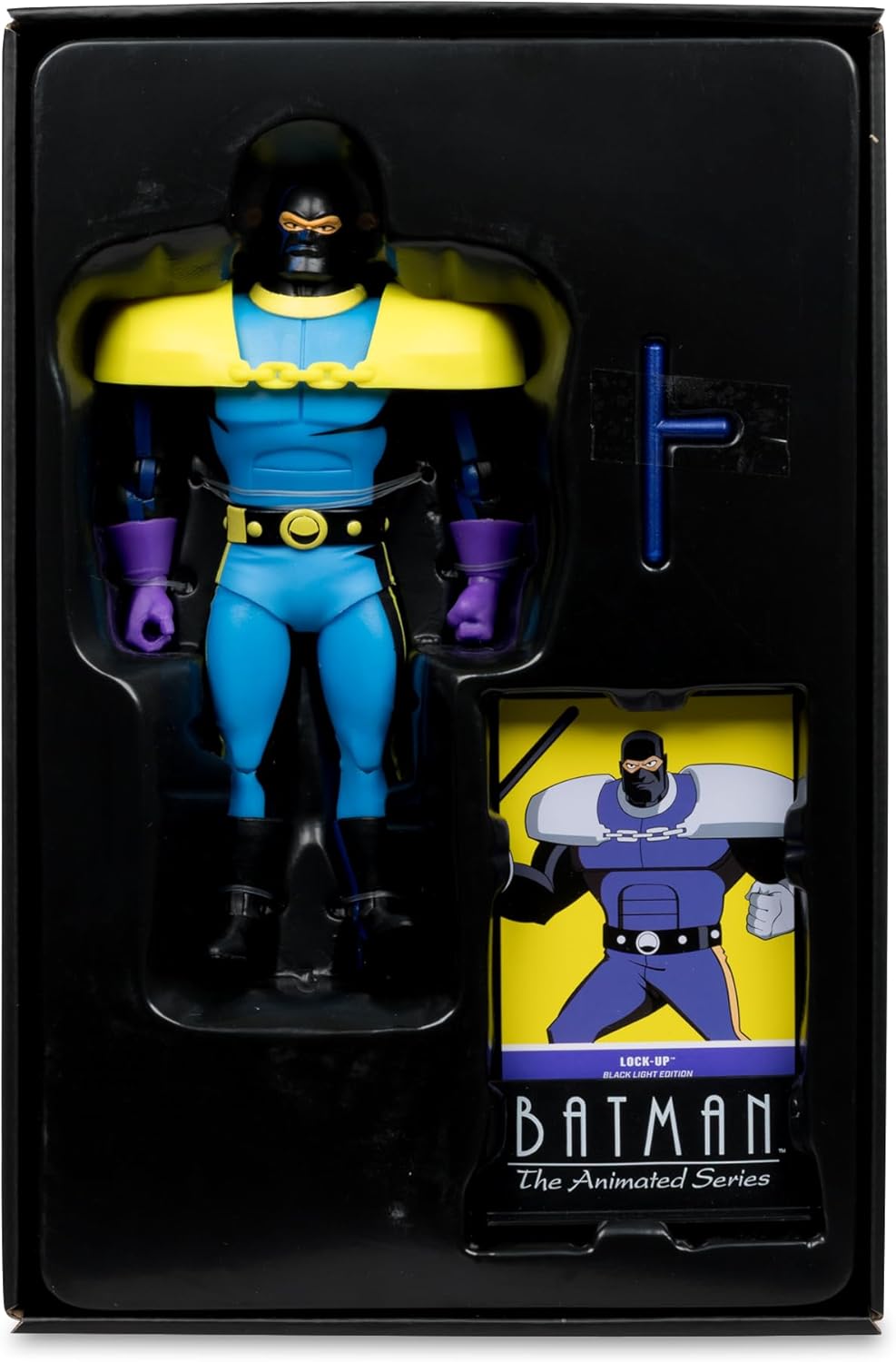 Lock-Up de cuerpo entero de frente, con el traje azul y amarillo de la serie animada