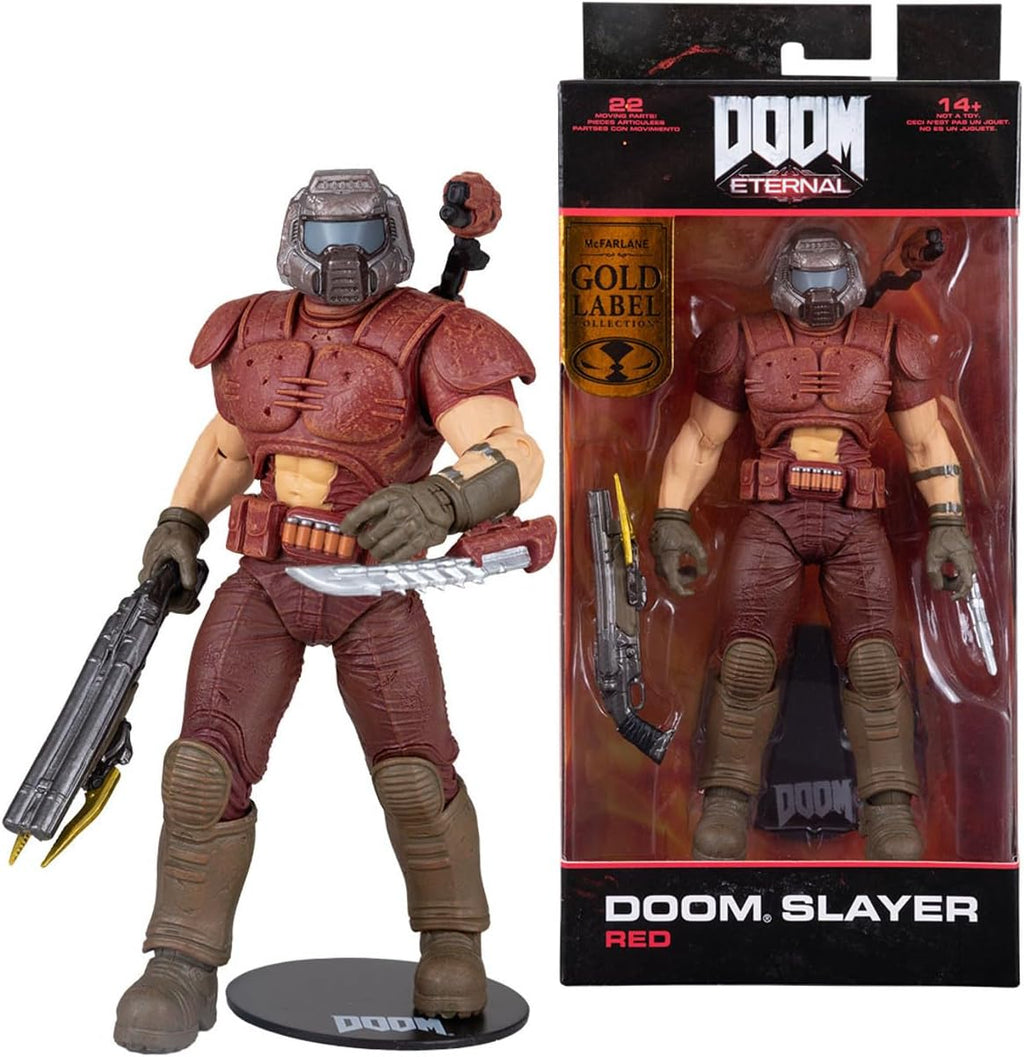 Doom Slayer Red Gold Label McFarlane junto a su caja de ventana DOOM Eternal
