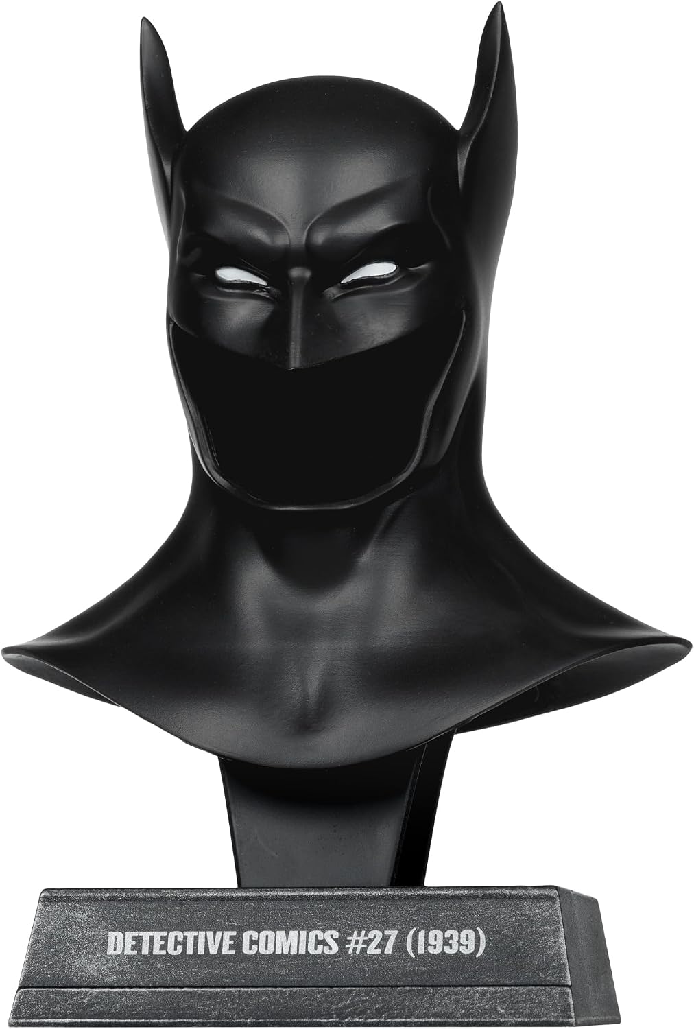 Réplica de capucha de Batman 1ª aparición, vista de tres cuartos sobre su base