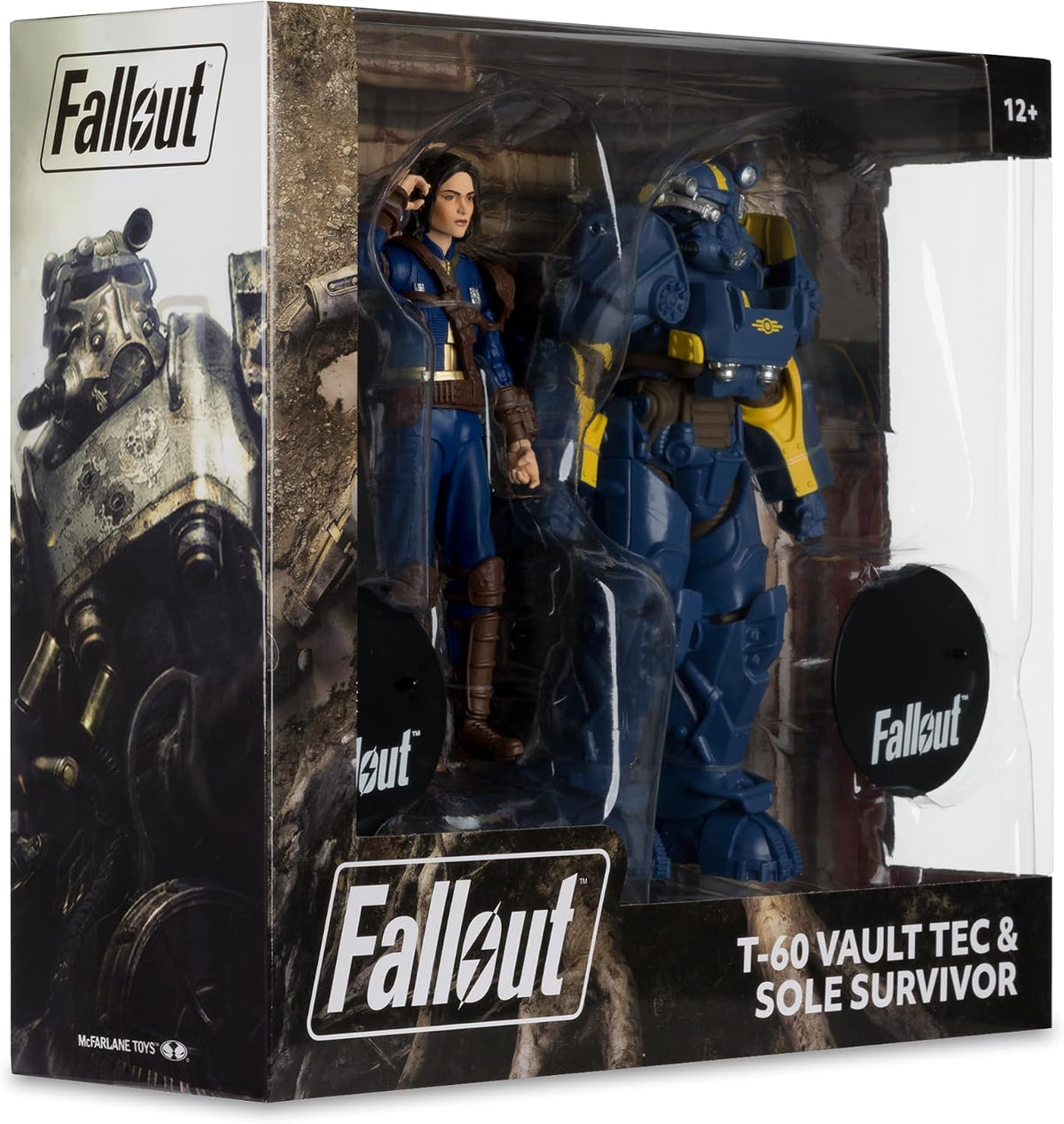 Caja del set T-60 Vault Tec y Sole Survivor McFarlane Fallout en ángulo, con panel lateral ilustrado