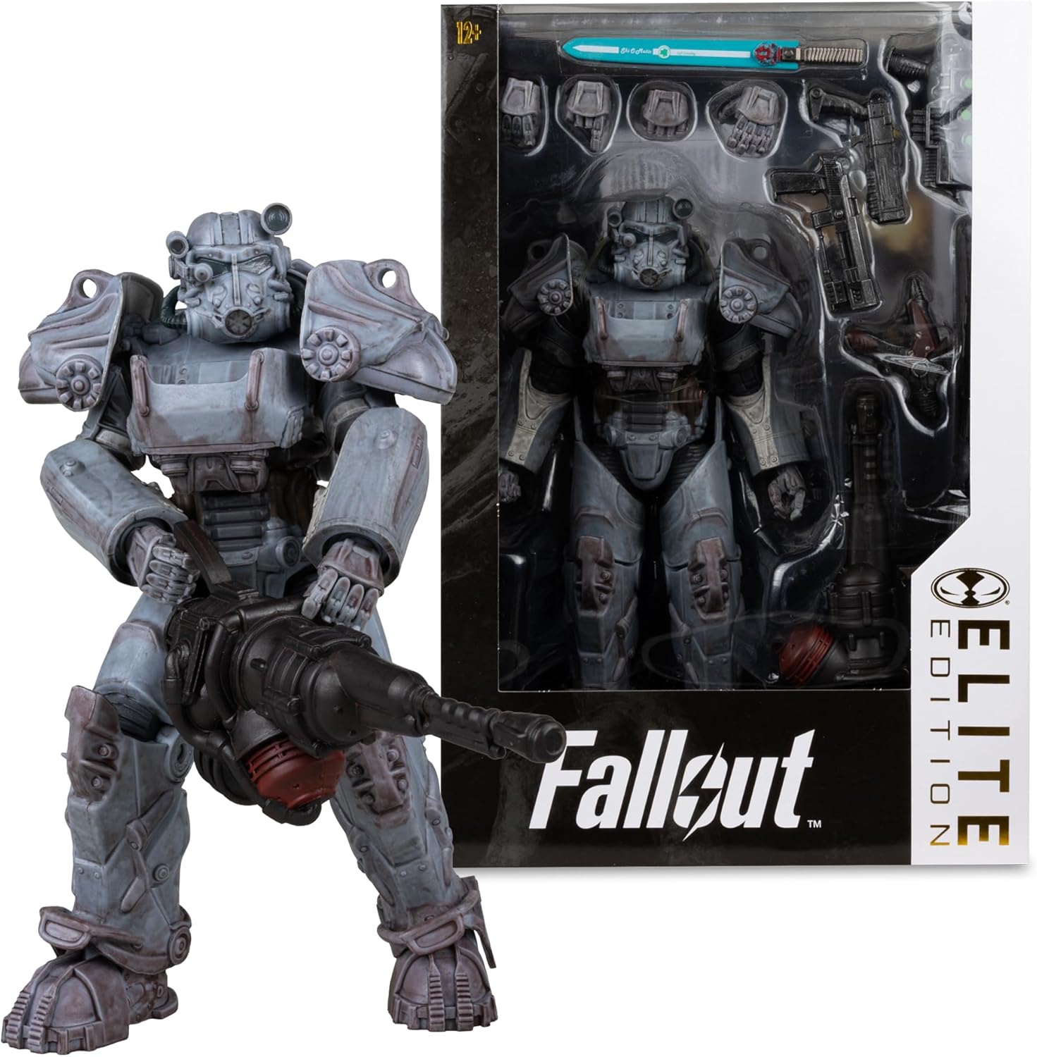 Servoarmadura T-60 de Fallout 76 con la minigun, junto a su caja Elite Edition de McFarlane Toys
