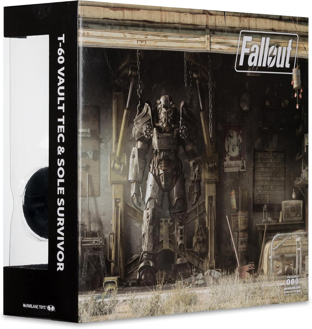 Costado de la caja del set T-60 Vault Tec y Sole Survivor McFarlane con arte de la servoarmadura