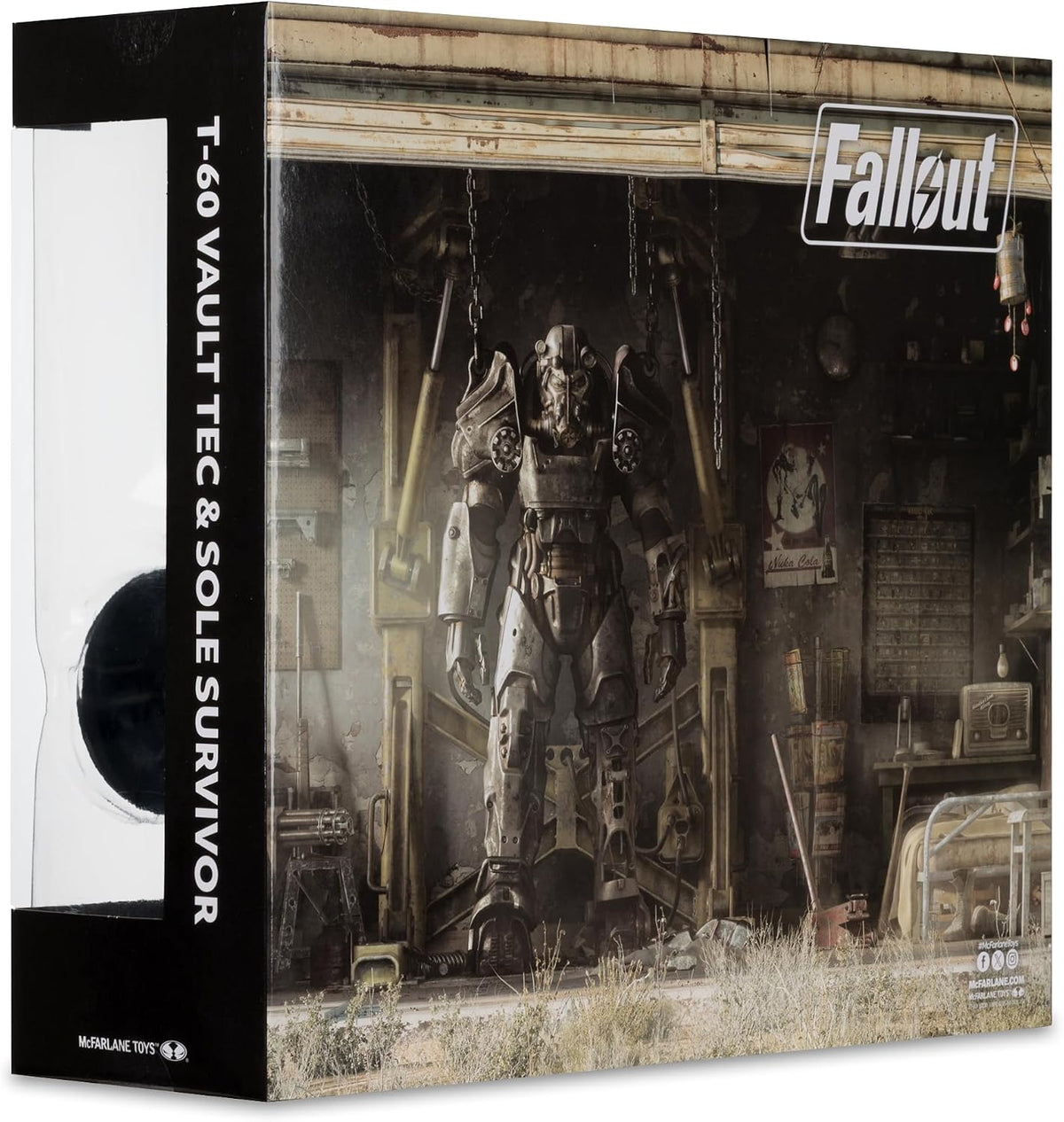 Costado de la caja del set T-60 Vault Tec y Sole Survivor McFarlane con arte de la servoarmadura