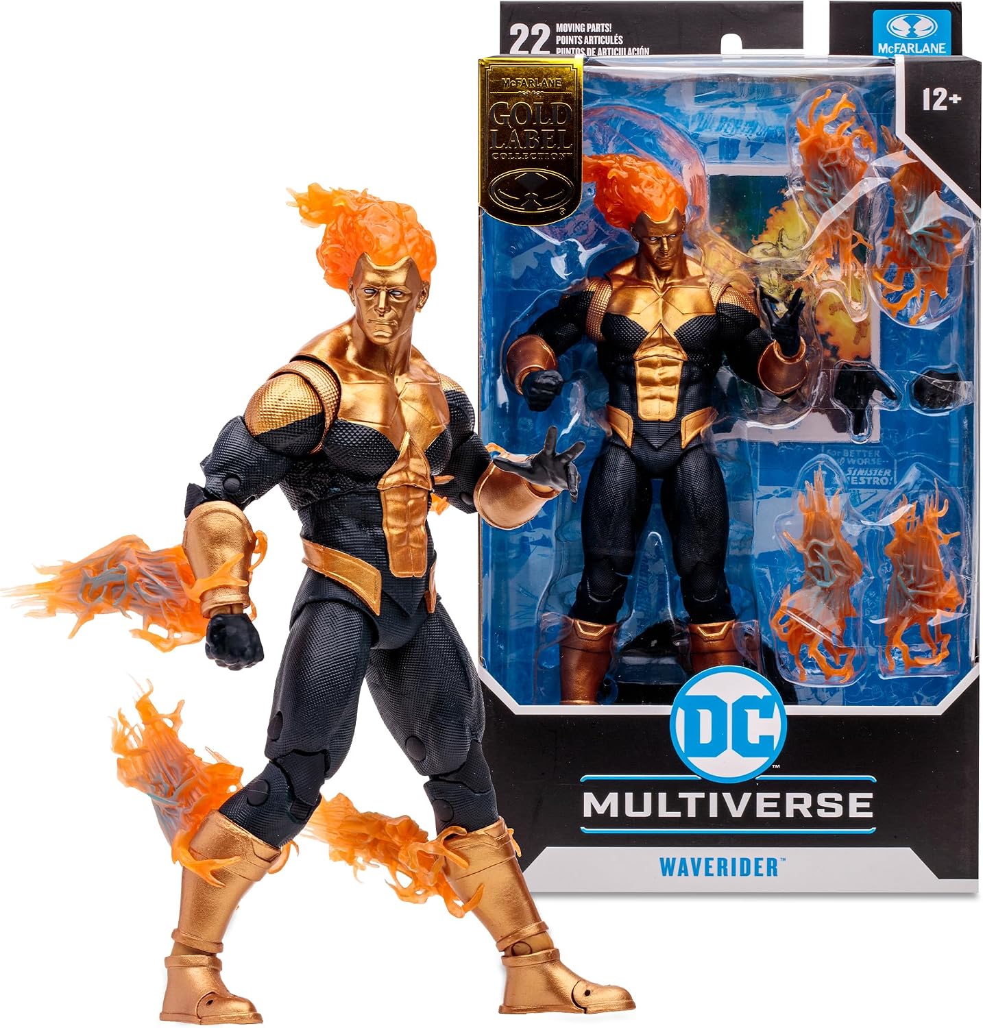 Waverider con los efectos de energía puestos, junto a su caja DC Multiverse Gold Label