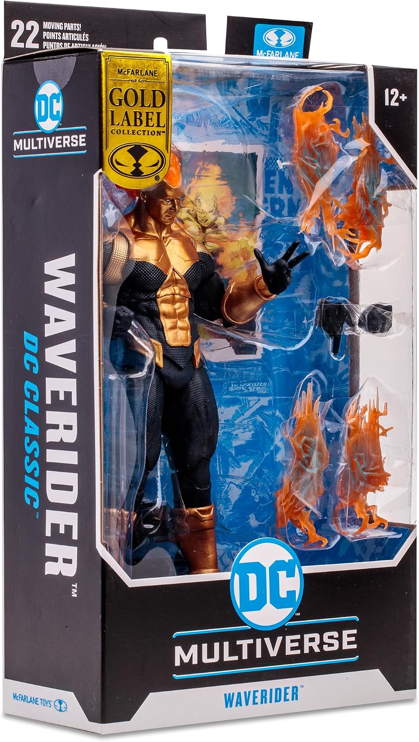 Waverider de frente, con el traje azul marino y dorado y los efectos translúcidos