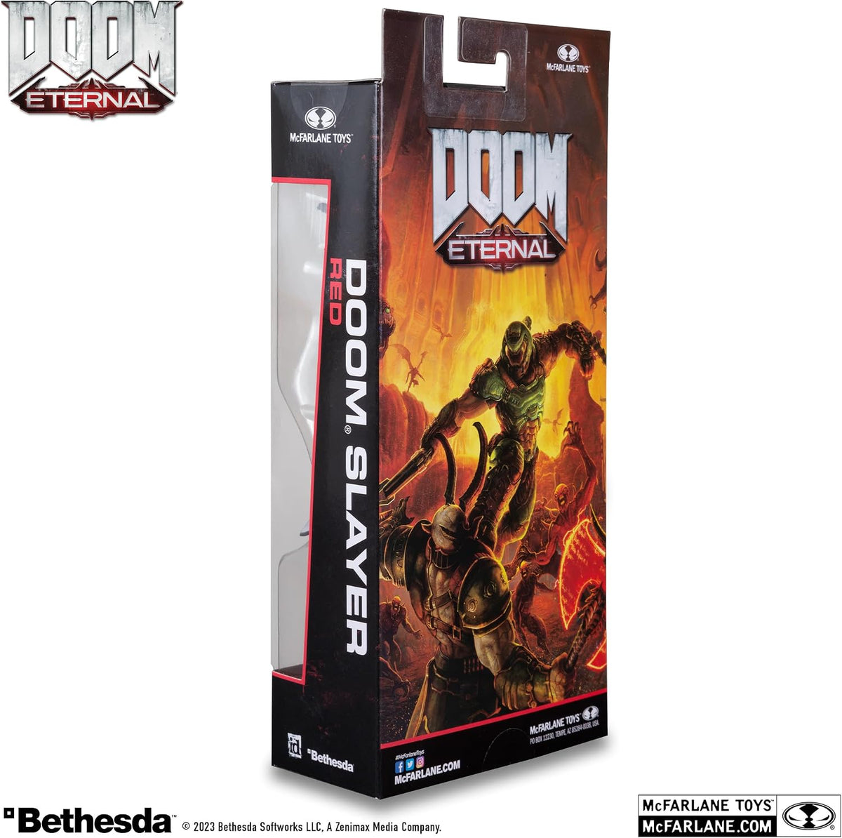 Reverso de la caja del Doom Slayer Red Gold Label McFarlane con arte de DOOM Eternal