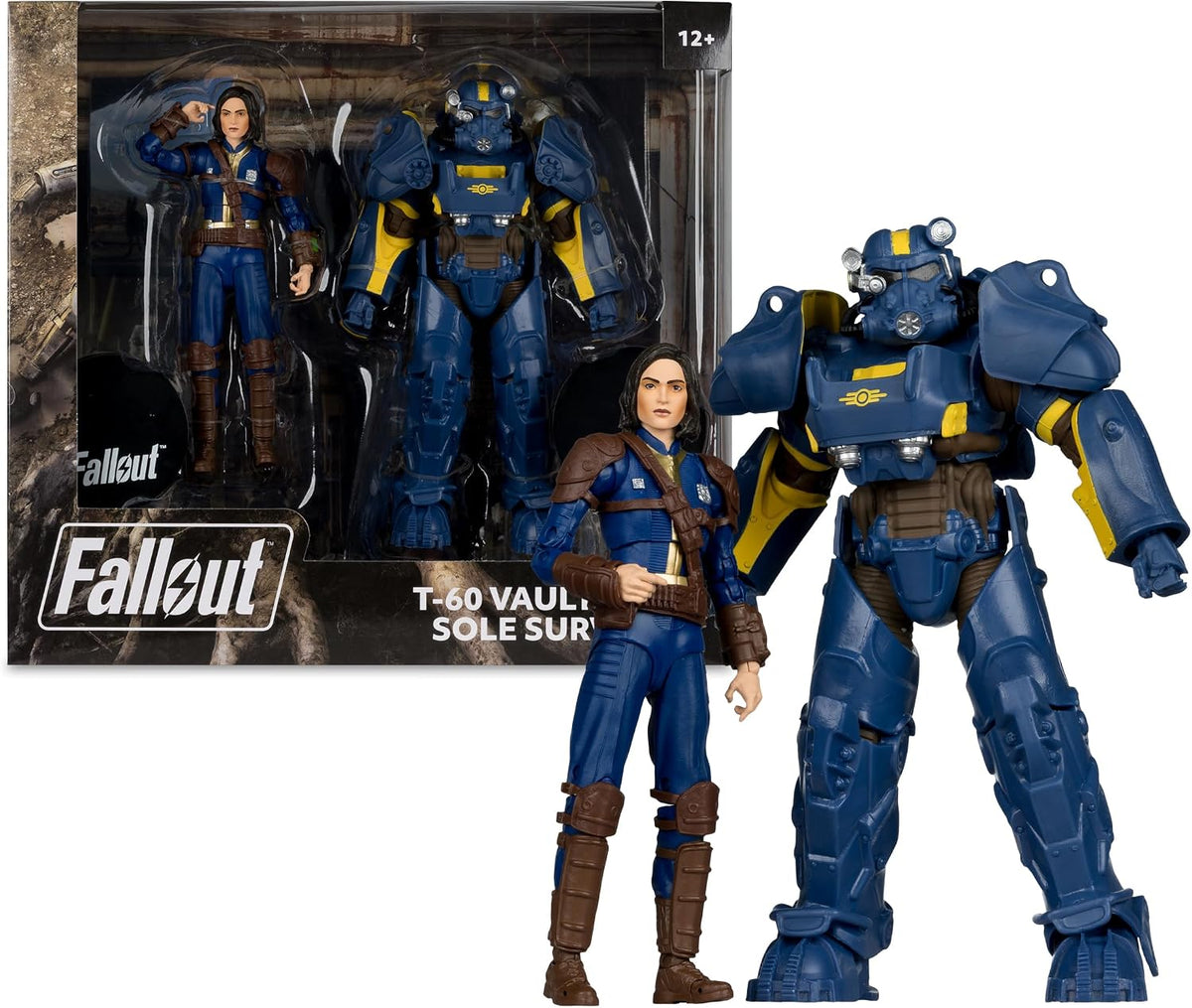 Set T-60 Vault Tec y Sole Survivor de McFarlane, figuras de 7 pulgadas de Fallout 4, junto a su caja