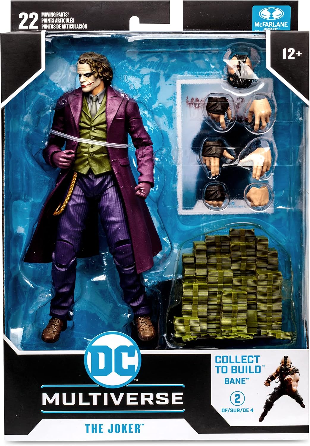Caja de The Joker de The Dark Knight, McFarlane DC Multiverse #212, con la figura y los fajos de billetes a la vista