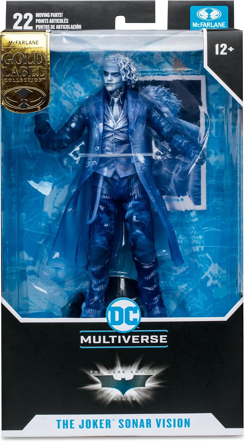 The Joker Sonar Vision en su caja DC Multiverse Gold Label, moldeado en azul translúcido