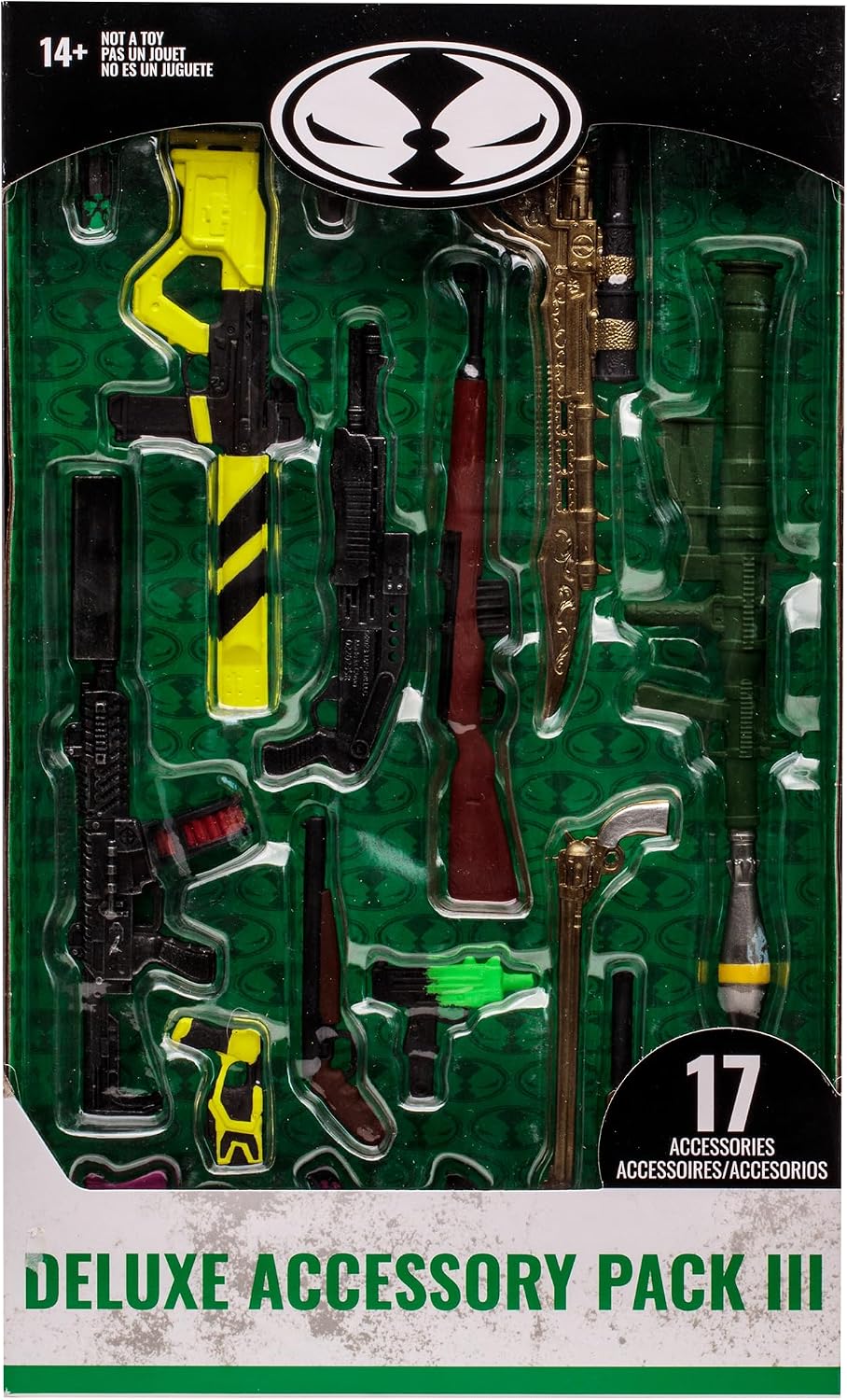 Deluxe Accessory Pack III de McFarlane en su caja, con los 17 accesorios a la vista
