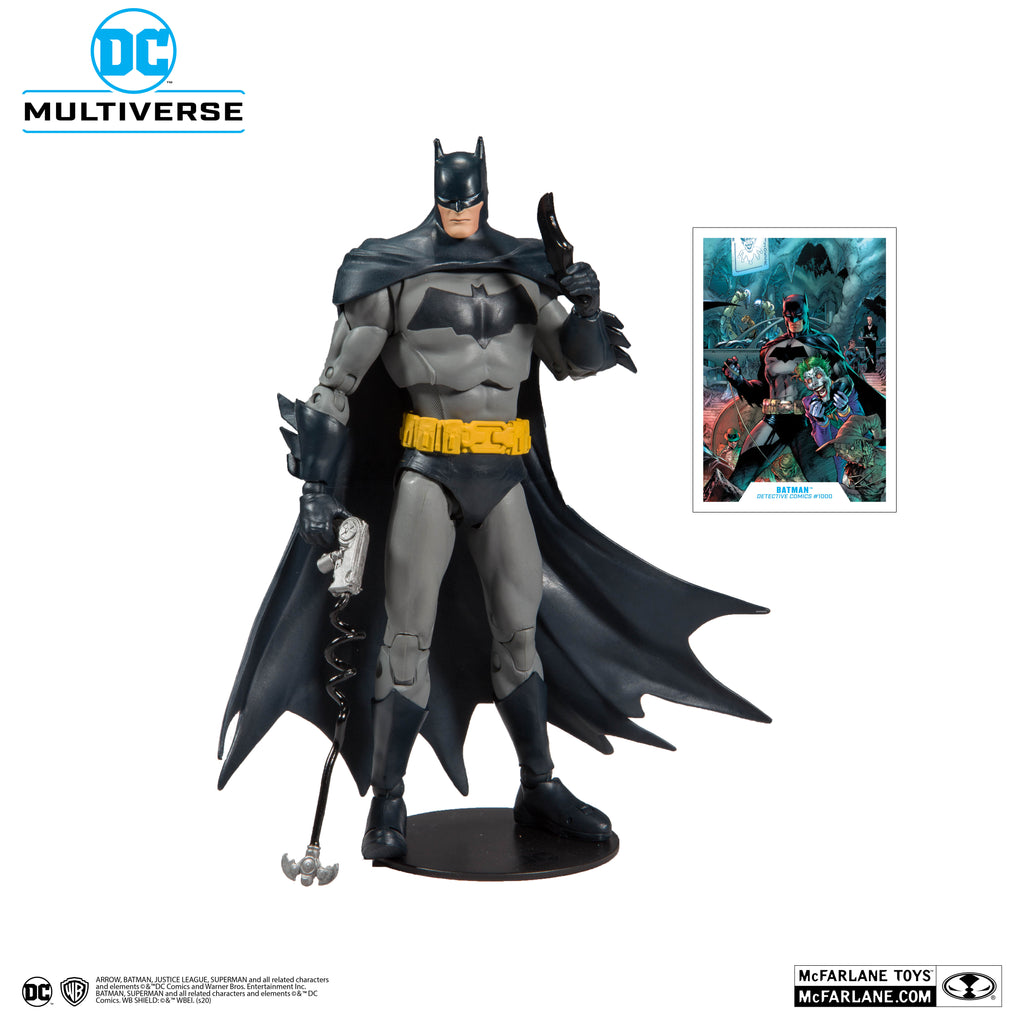 Figura Batman Detective Comics #1000 de McFarlane, vista frontal completa con la capa extendida