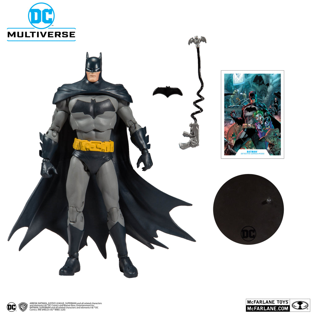 Batman Detective Comics #1000 de McFarlane con todos sus accesorios: batarang, pistola de gancho, base y tarjeta coleccionable