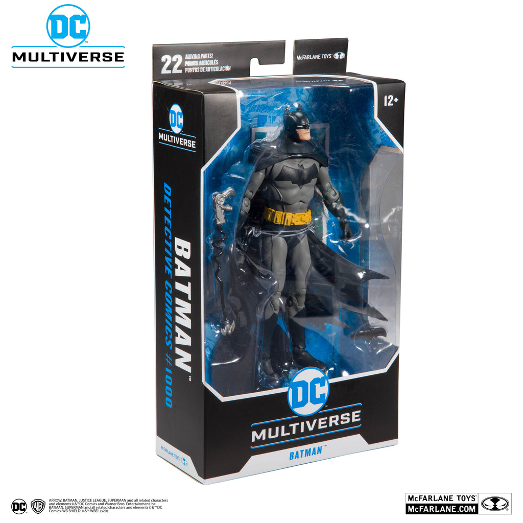 Caja sellada del Batman Detective Comics #1000 de McFarlane DC Multiverse, vista de tres cuartos con el lomo
