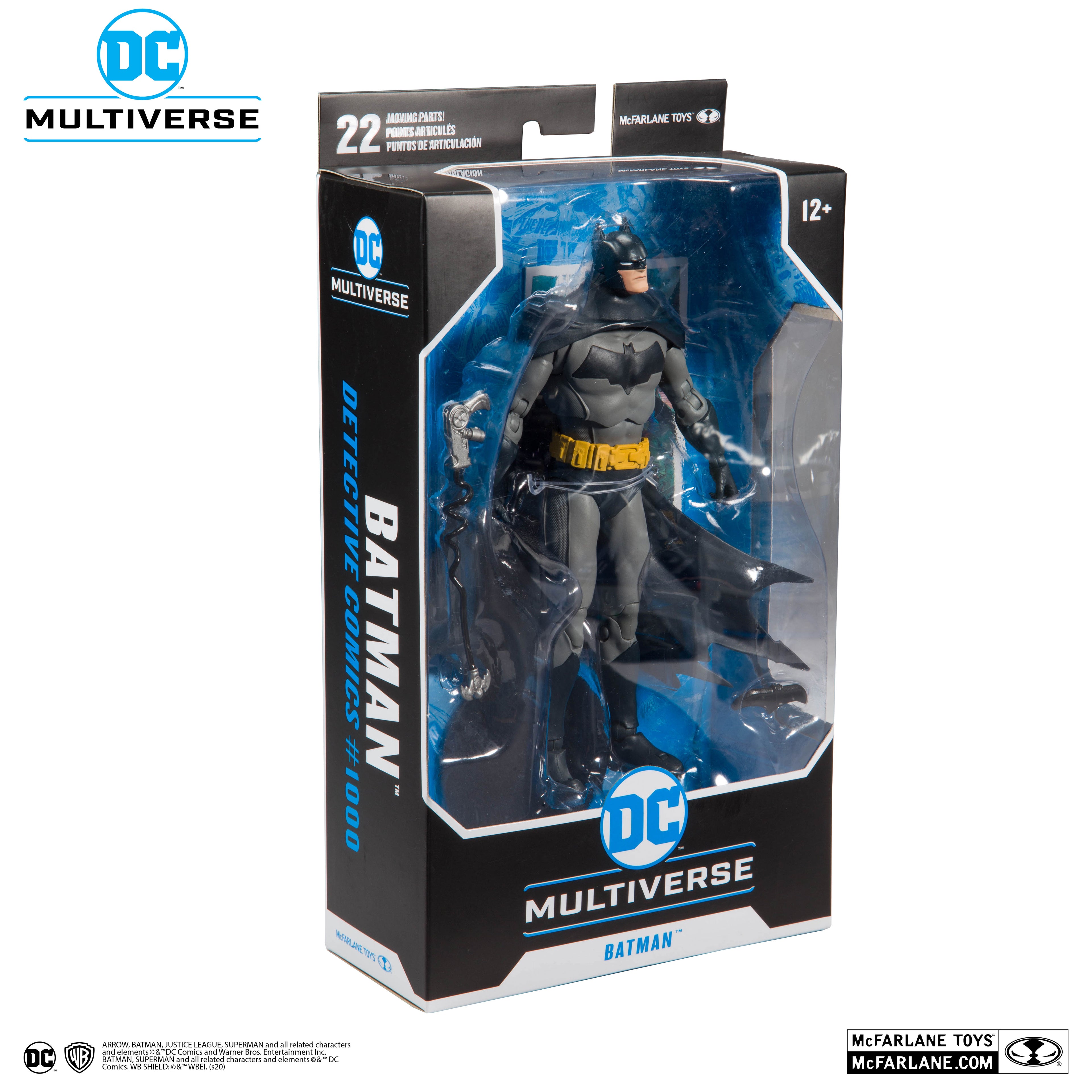Caja sellada del Batman Detective Comics #1000 de McFarlane DC Multiverse, vista de tres cuartos con el lomo