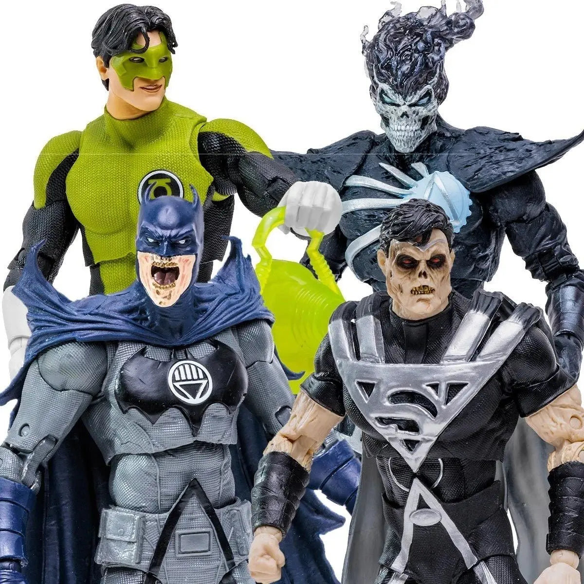 Set 4 figuras McFarlane DC Multiverse Blackest Night 7 pulgadas — Kyle Rayner, Deathstorm, Batman y Black Lantern Superman juntos