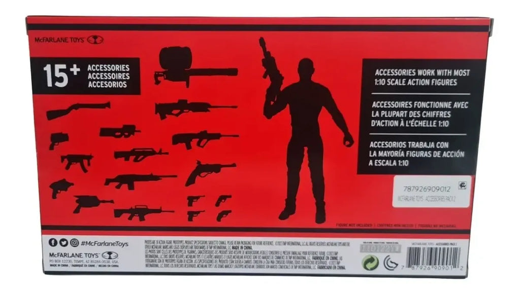 Reverso de la caja del Accessory Pack #2, con la silueta de las 15 armas y la nota de compatibilidad con figuras escala 1:10