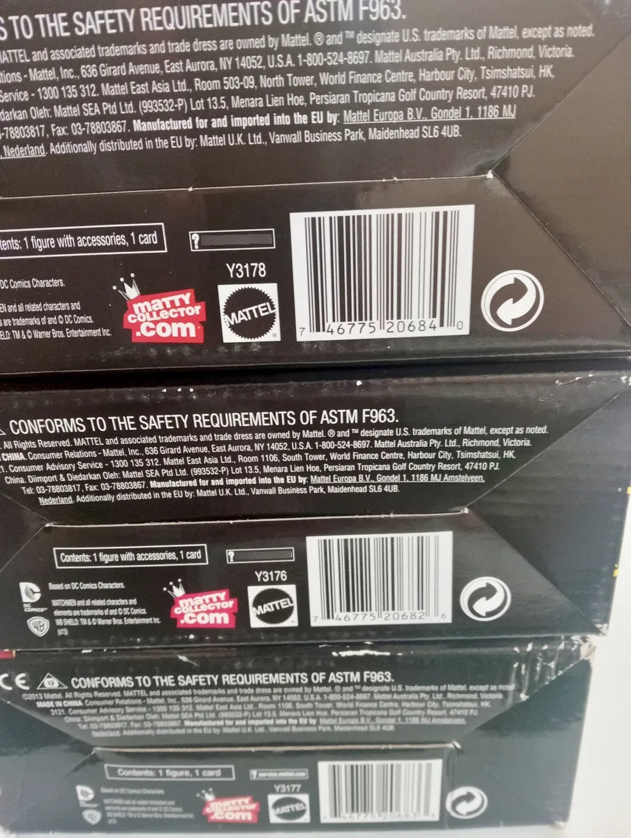 Mattel Adult Collector Watchmen Comic Bundle pack de 3 figuras: El Comediante, Buho Nocturno II y Espectro de Seda II (Cajas con detalle y figuras usadas)