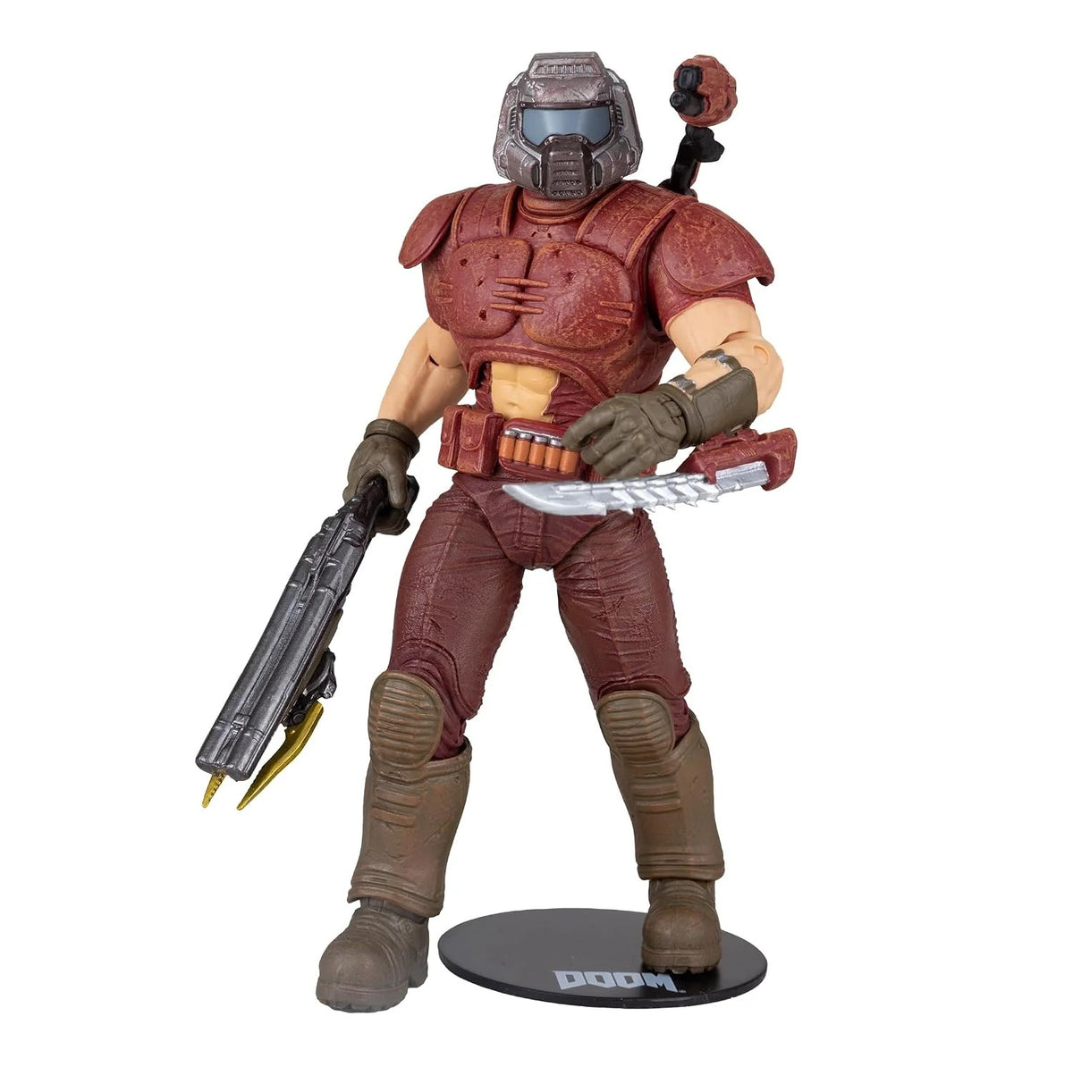 Doom Slayer Red Gold Label de McFarlane, figura de 7 pulgadas de DOOM Eternal, de frente con escopeta y cuchilla