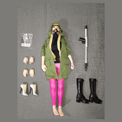 Apocalypse Girl custom 1/6: figura con abrigo verde y respirador, arpón, botas altas, zapatillas y manos intercambiables