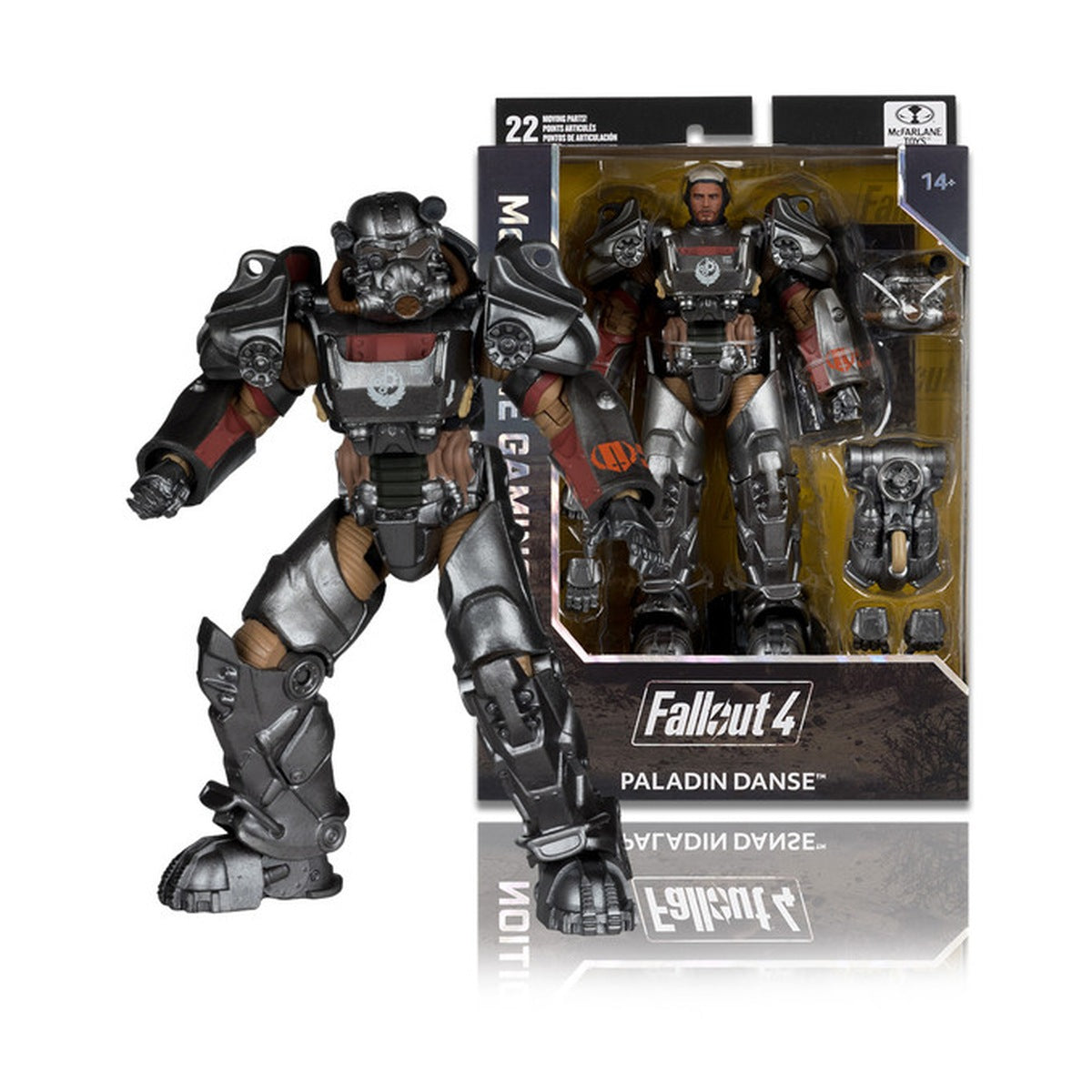 Paladin Danse T-60 McFarlane 7": figura junto a su caja Gaming Edition de Fallout 4