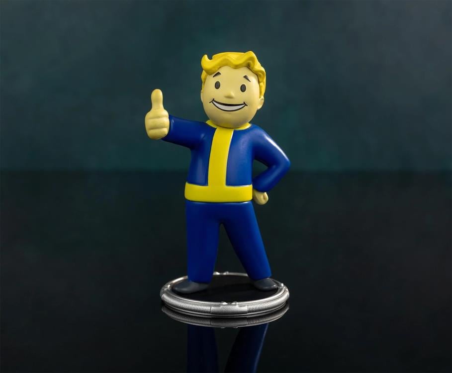 Figura Vault Boy de Fallout sobre su base circular tipo compuerta de refugio