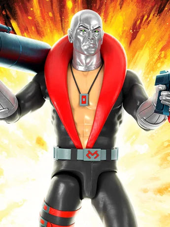 Figura Destro Weapons Supplier de Super7, vista completa con el cuello rojo levantado
