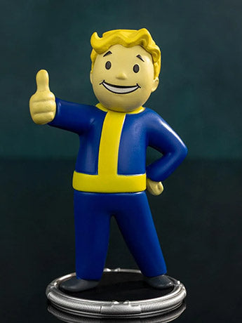 Figura Vault Boy de Fallout, detalle del mono azul y amarillo del Vault-Tec