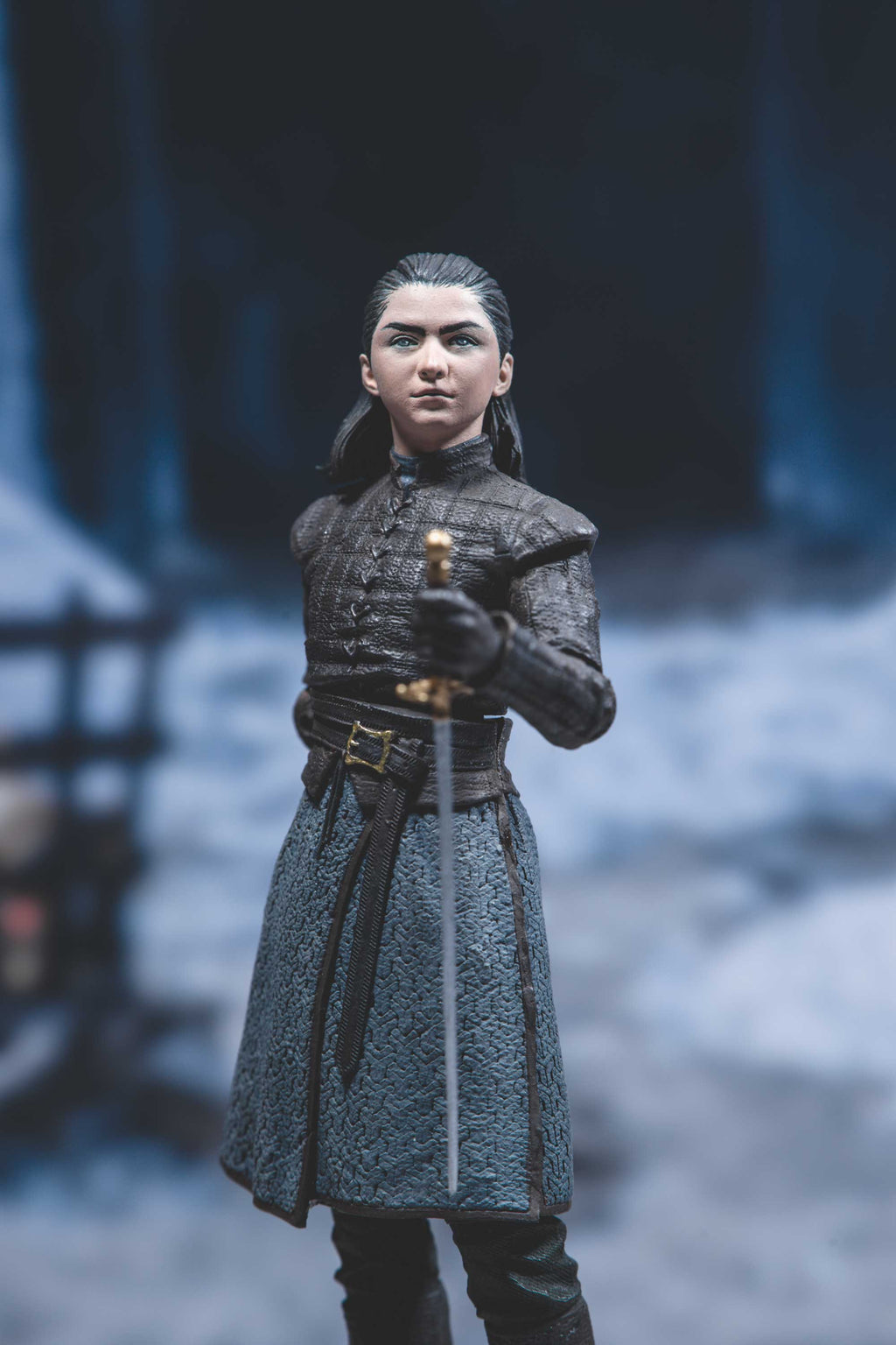 Arya Stark alzando a Aguja, vista ambientada en la nieve