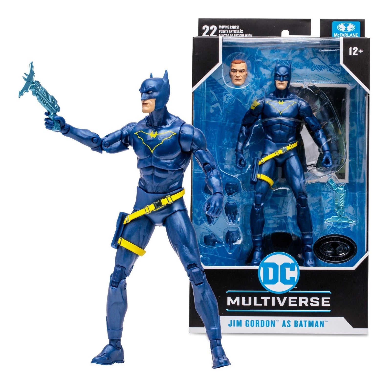 Jim Gordon as Batman con la pistola de garfio, junto a su caja DC Multiverse
