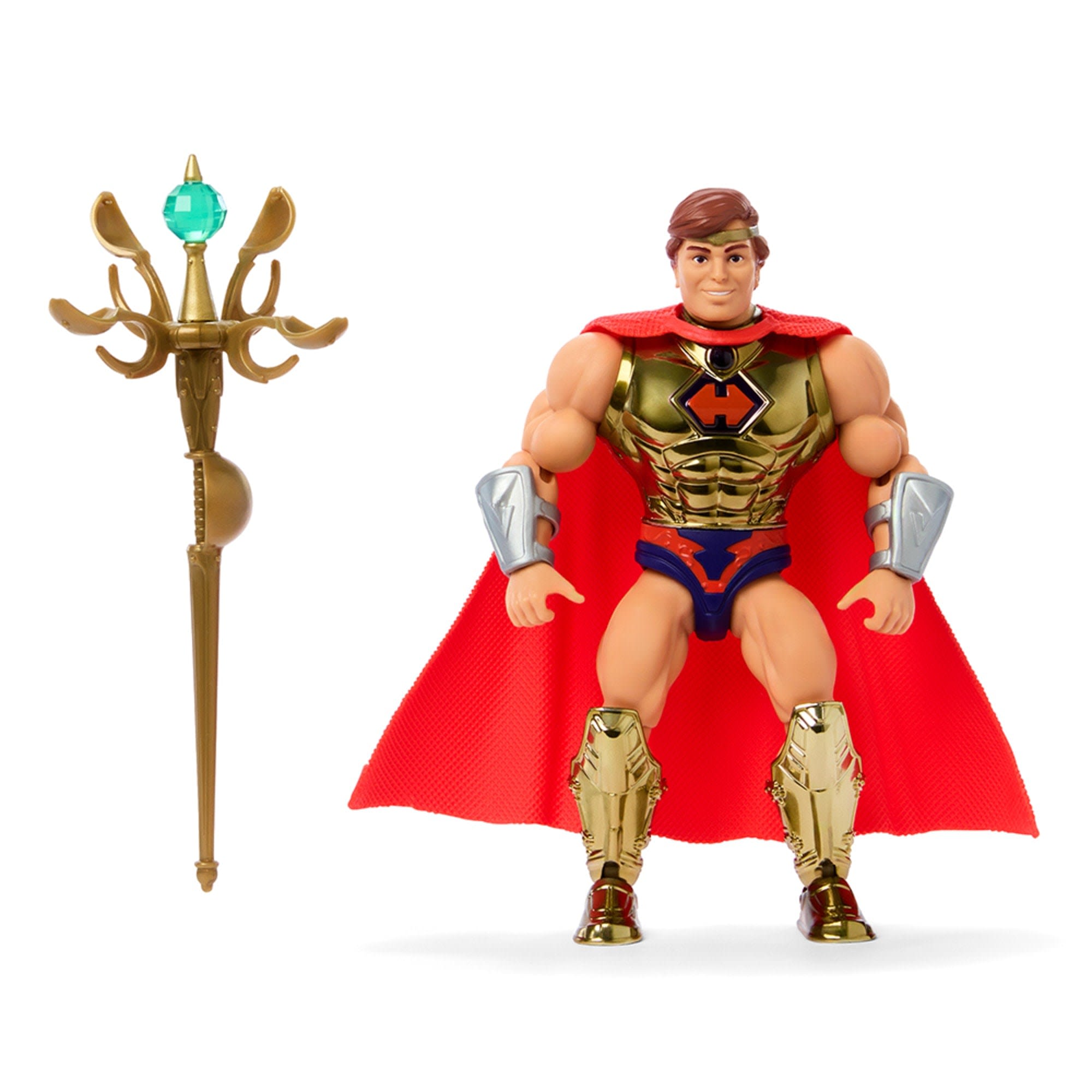 He-Ro con su capa roja de tela junto al cetro dorado con gema verde